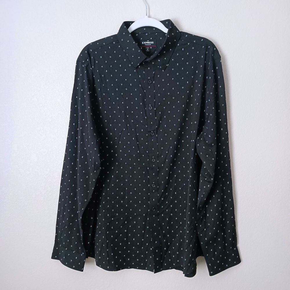 Express Letter Print Slim Fit Button-Up Shirt Men's XL Moisture Wicking Stretch